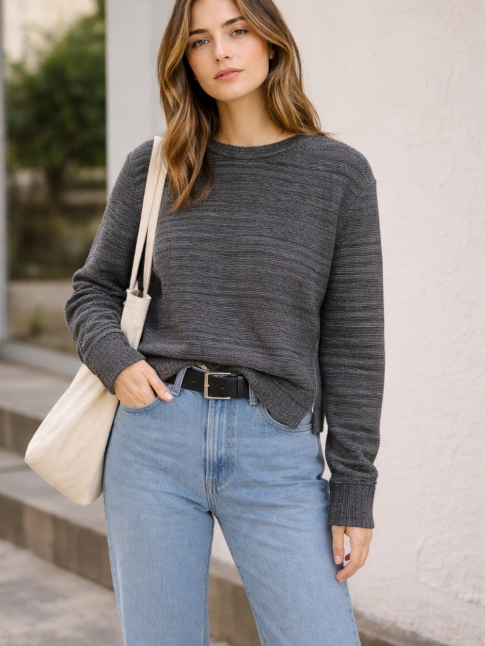 Aritzia Wilfred free over size sweater XXS ribbed grey/black cotton norm core